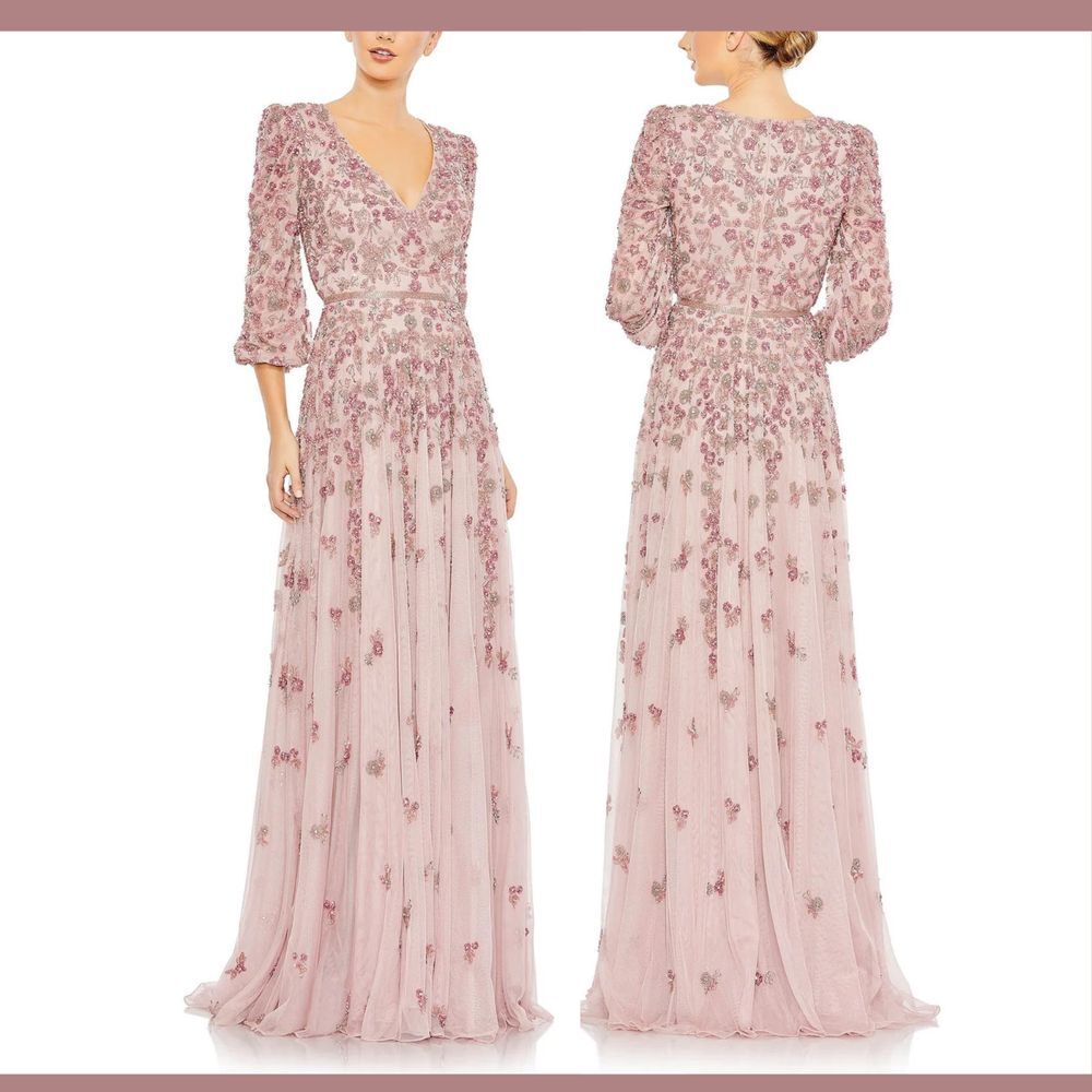 NWT Mac Duggal [ 12 ] 5497 Embellished V Neck 3/4 Sleeve A Line Gown Rose #Q1013 - Picture 2 of 16